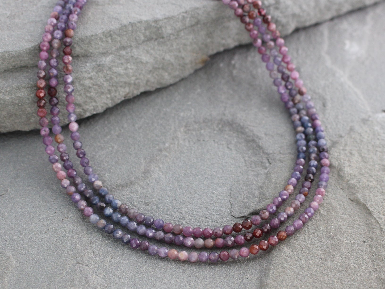 multistrand purple ruby and sapphire beaded necklace