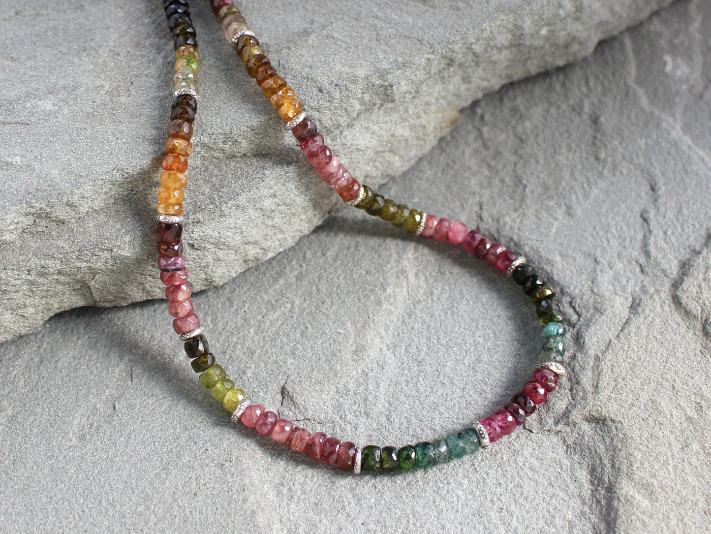 Rainbow tourmaline necklace with multicolored beads and sterling silver.