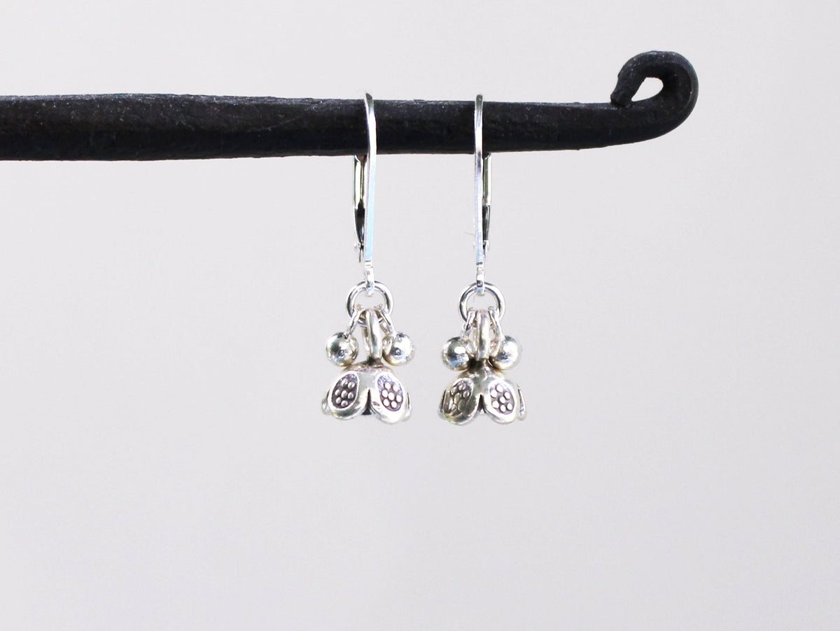 Small Thai Hill Tribe Silver Flower Dangle Earrings on Lever Back Ear Wires