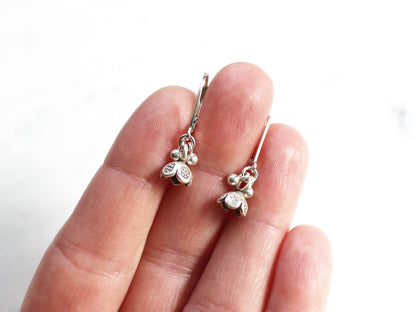 Small Thai Hill Tribe Silver Flower Dangle Earrings on Lever Back Ear Wires