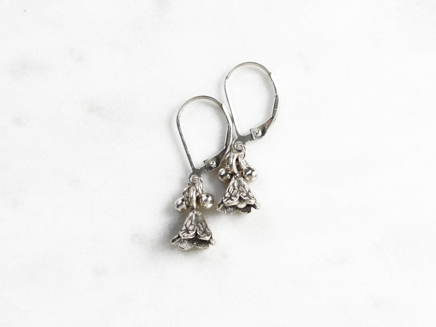 Pair of silver earrings with small stones on a white background