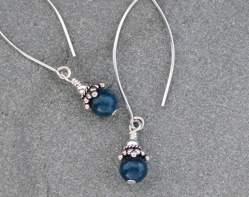 Long blue Apatite and sterling silver dangle earrings.