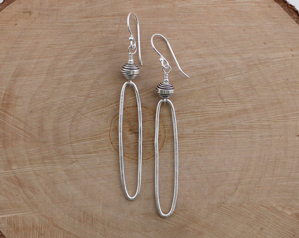 Rustic Thai Silver Oblong Hoop Earrings
