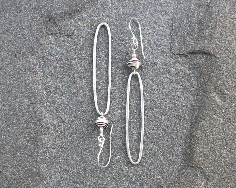 Rustic Thai Silver Oblong Hoop Earrings