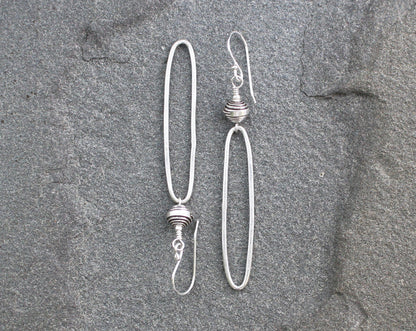 Rustic Thai Silver Oblong Hoop Earrings
