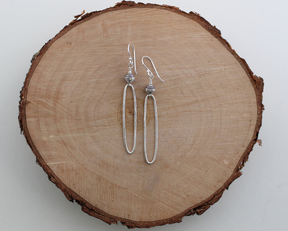 Rustic Thai Silver Oblong Hoop Earrings