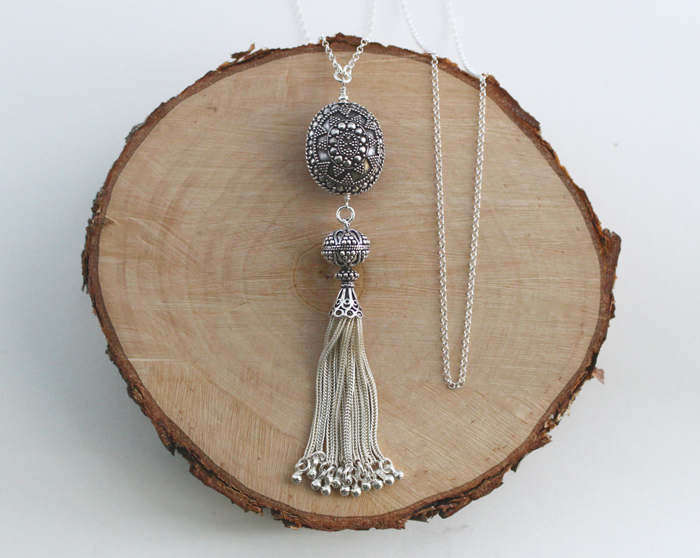 Bali and Turkish Silver Tassel Necklace